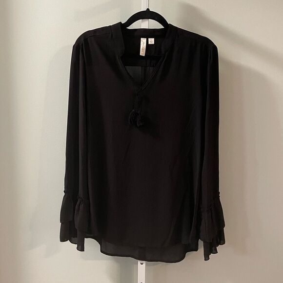 Tacera Black Blouse with Ruffled Bell Sleeves - Picture 1 of 5